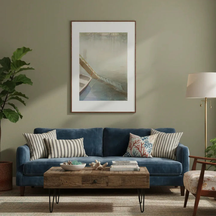 Living room with blue sofa, wooden coffee table, and framed artwork on the wall - Bromont Media