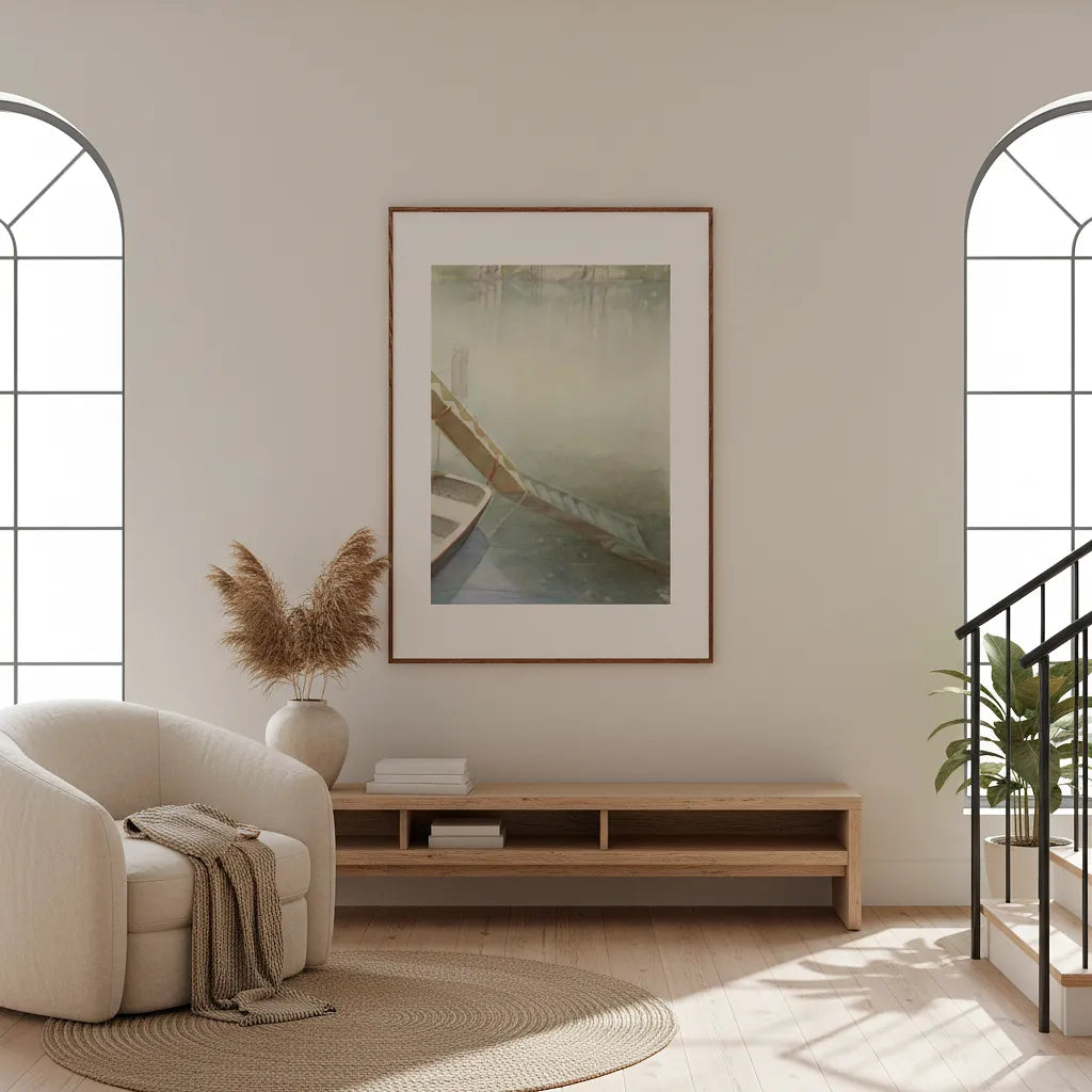 Modern living room with a framed artwork, armchair, and wooden side table - Bromont Media