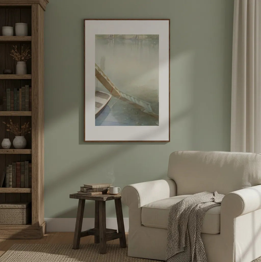 Living room with a beige armchair, wooden side table, and framed artwork on a green wall - Bromont Media