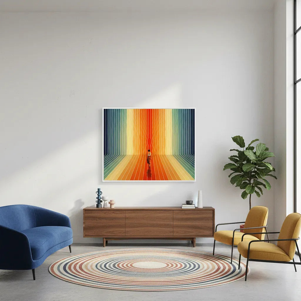 Modern living room with colorful abstract art, blue sofa, wooden cabinet, and yellow chairs.