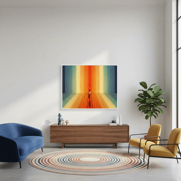 Modern living room with colorful abstract art, blue sofa, wooden cabinet, and yellow chairs.