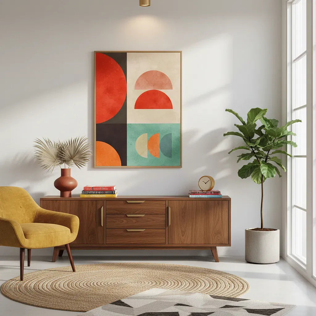 Art Mural sur Toile Cercles Géométriques Rétro Bauhaus - Options avec Cadre