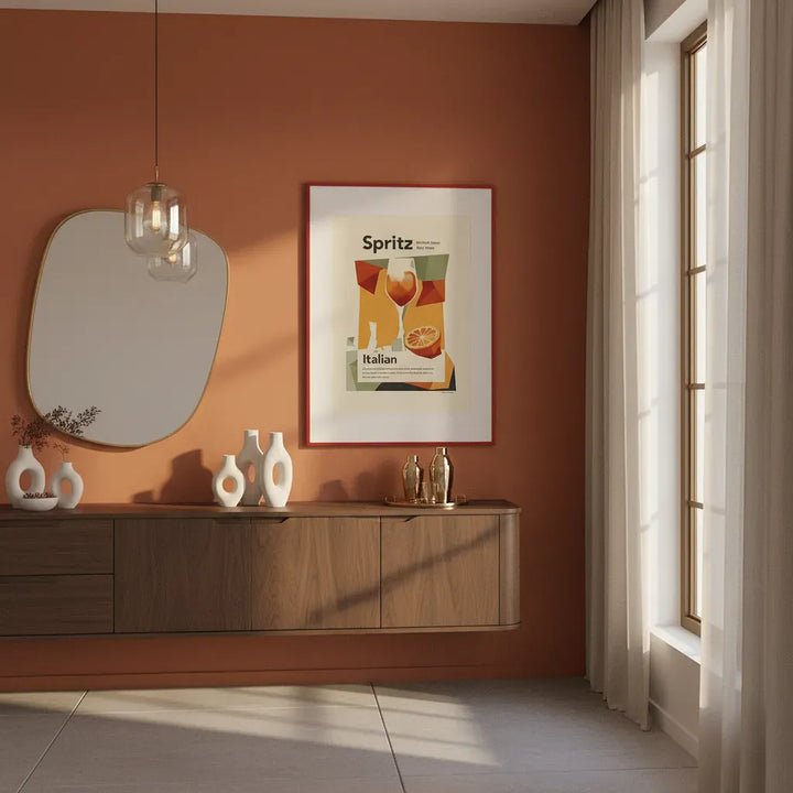 Modern interior with wooden cabinet, decorative vases, and a framed poster on an orange wall.