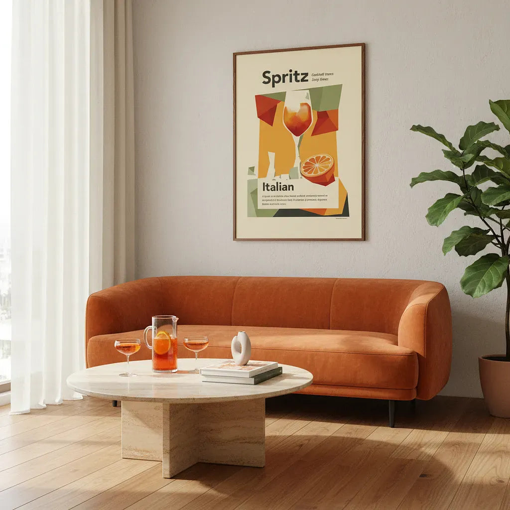 Modern living room with orange sofa, round coffee table, and &