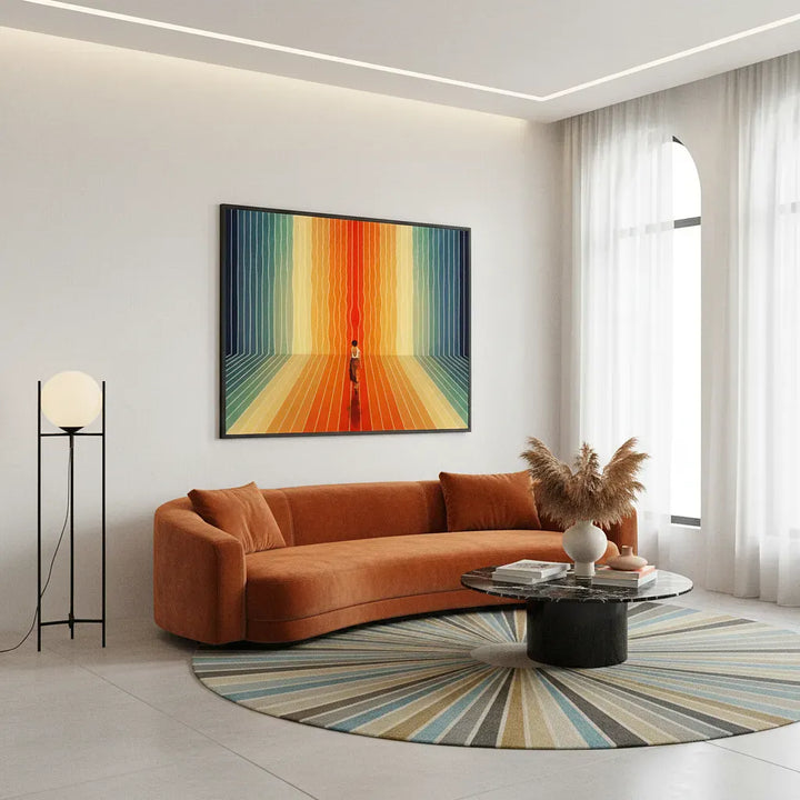 Modern living room with a brown sofa, colorful abstract painting, and decorative items.
