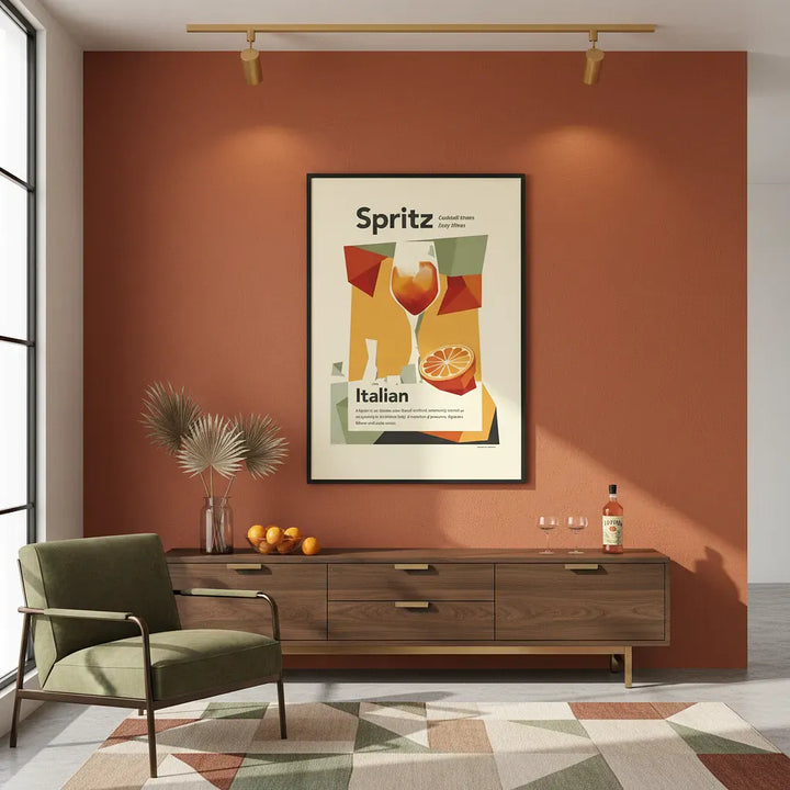 Modern interior with a wooden cabinet, green armchair, and Spritz poster on an orange wall.