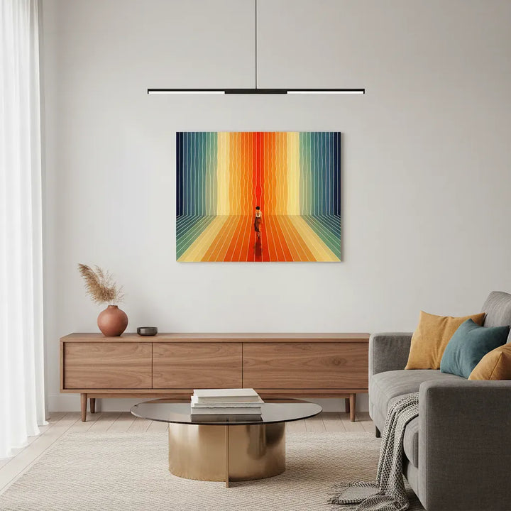 Modern living room with a colorful abstract painting on the wall.