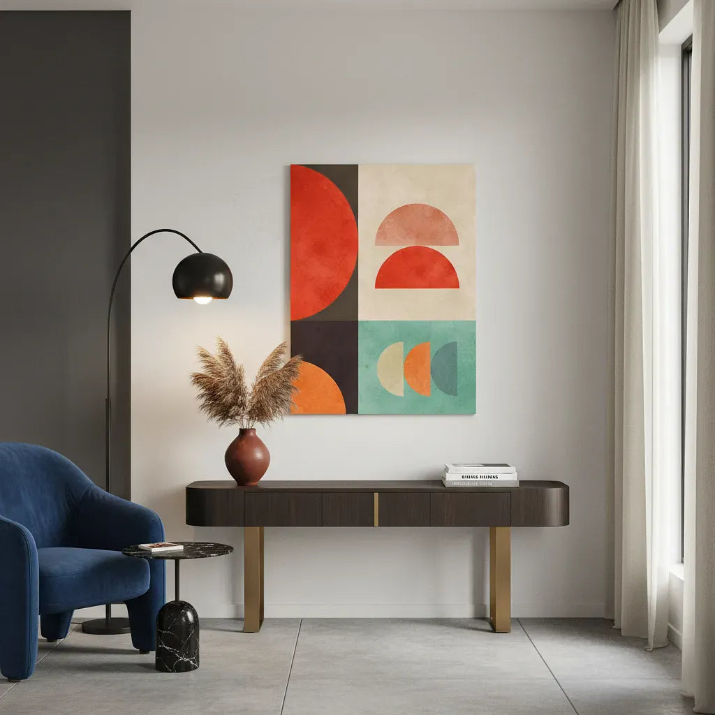Modern interior with a blue armchair, wooden console table, and abstract art on the wall.