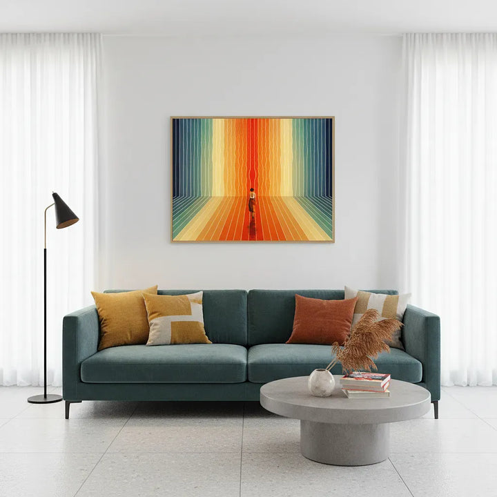 Modern living room with a colorful abstract painting above a gray sofa.