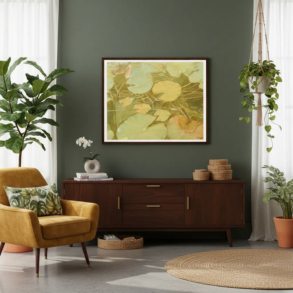 "Intertwined" Organic Nature Lilypad Watercolor - Premium Matte Paper Framed Art Print