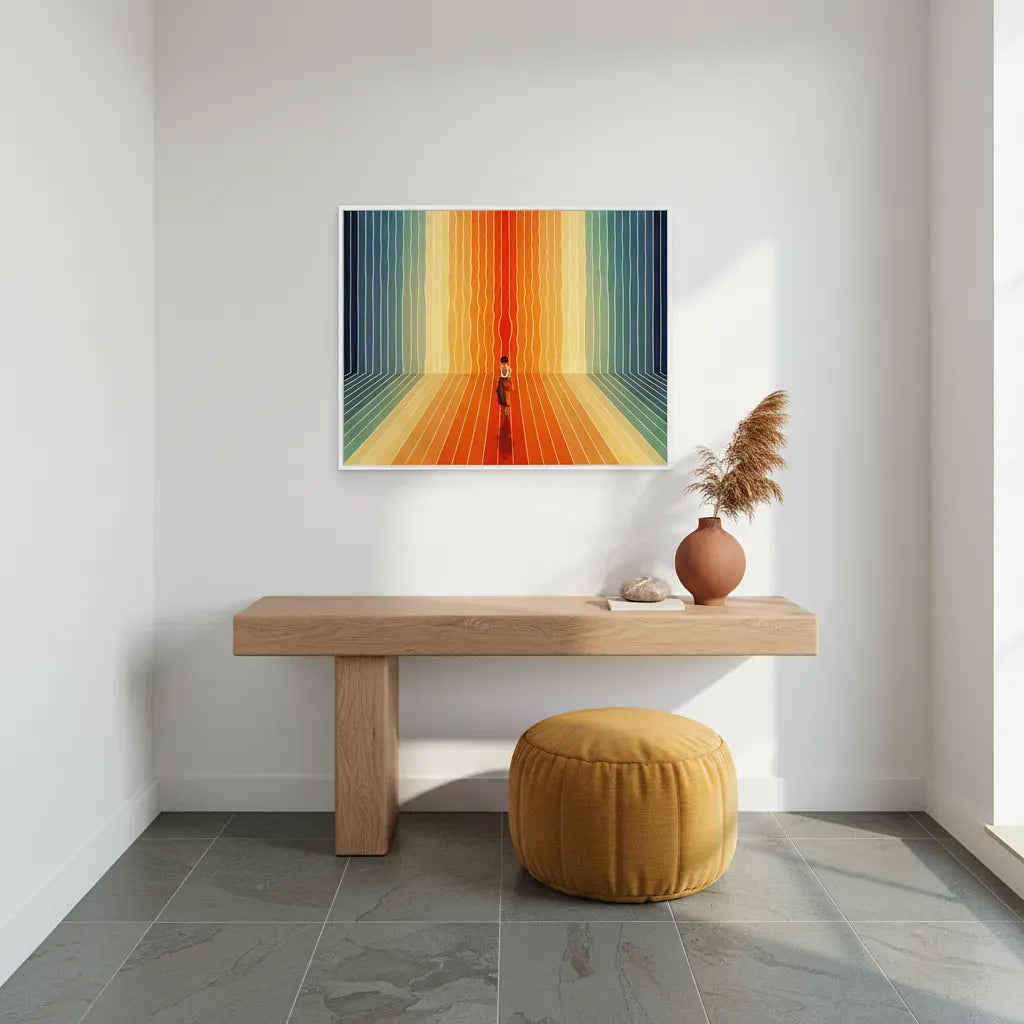 Modern interior with a colorful abstract painting, wooden bench, and yellow pouf.