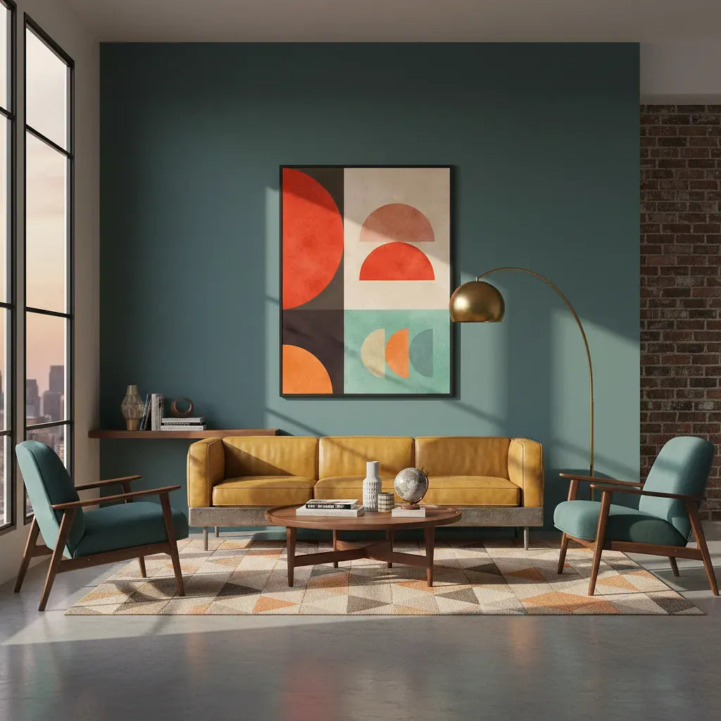 Modern living room with a yellow sofa, green armchairs, and abstract art on the wall.