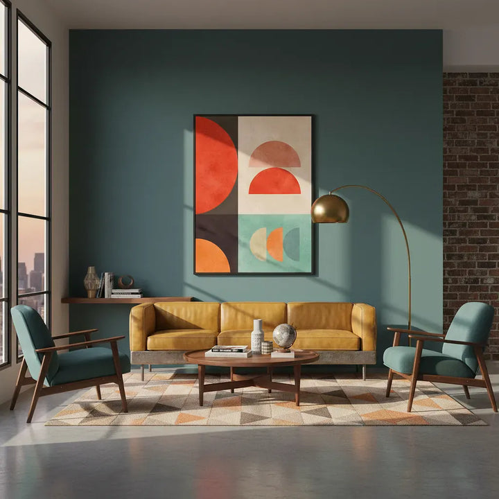 Modern living room with a yellow sofa, green armchairs, and abstract art on the wall.