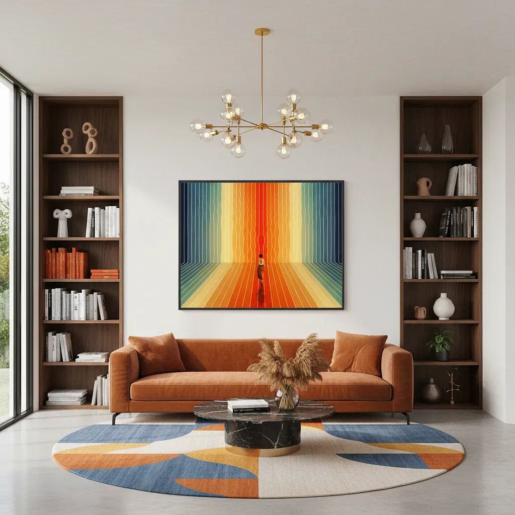 Modern living room with a colorful abstract painting, brown sofa, and bookshelves.