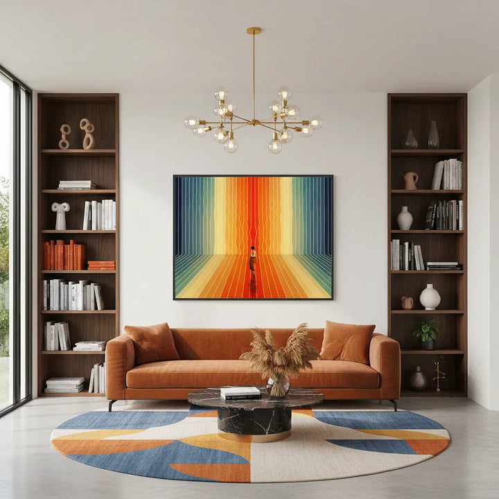 Modern living room with a colorful abstract painting, brown sofa, and bookshelves.