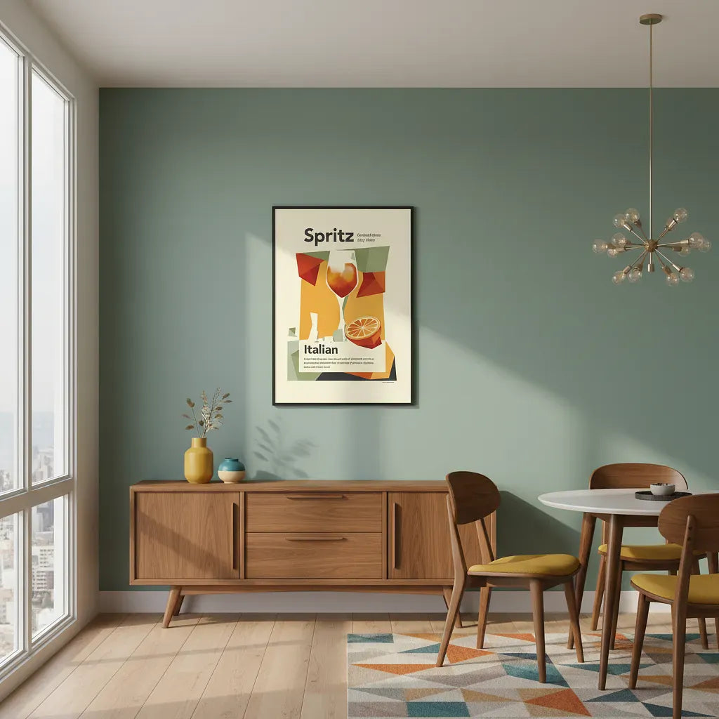 Dining room with wooden furniture, a table, chairs, and a framed poster on the wall.