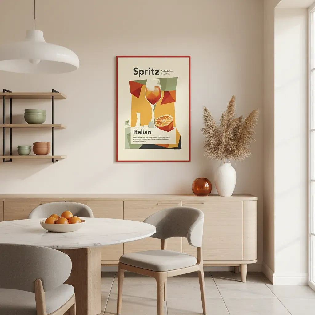 Dining room with a table, chairs, and a wall poster in a well-lit room.