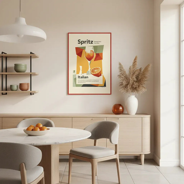 Dining room with a table, chairs, and a wall poster in a well-lit room.