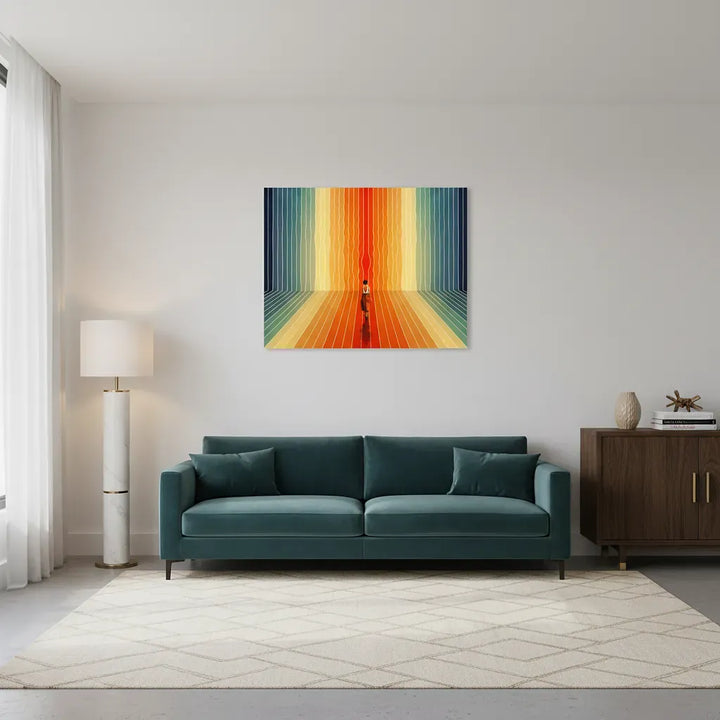 Living room with a teal sofa, colorful abstract painting, and a lamp.