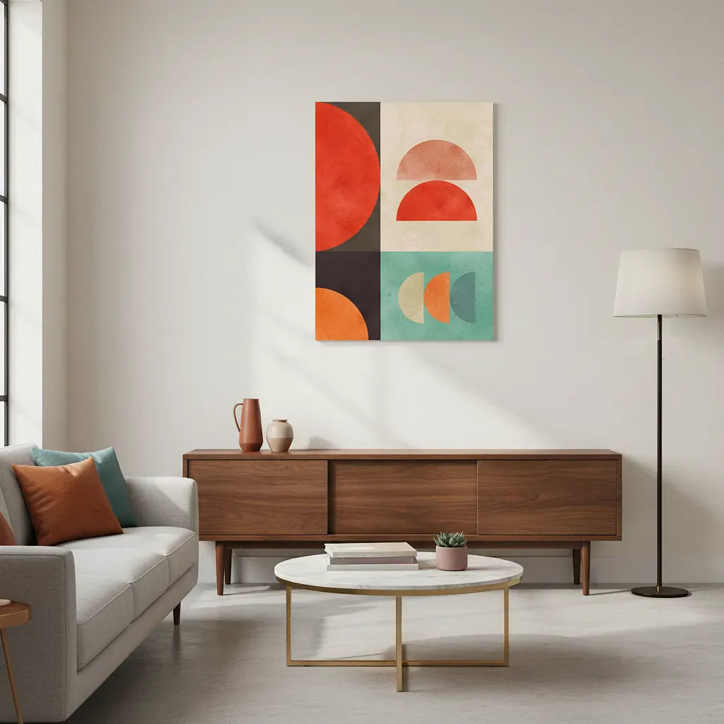 Modern living room with a wooden console table, gray sofa, and abstract art on the wall.