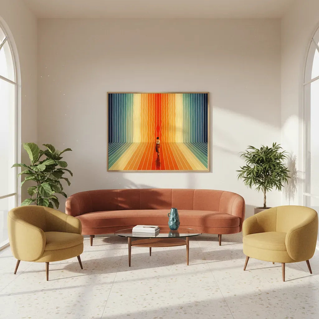 Modern living room with a brown sofa, yellow armchairs, and a colorful abstract painting.