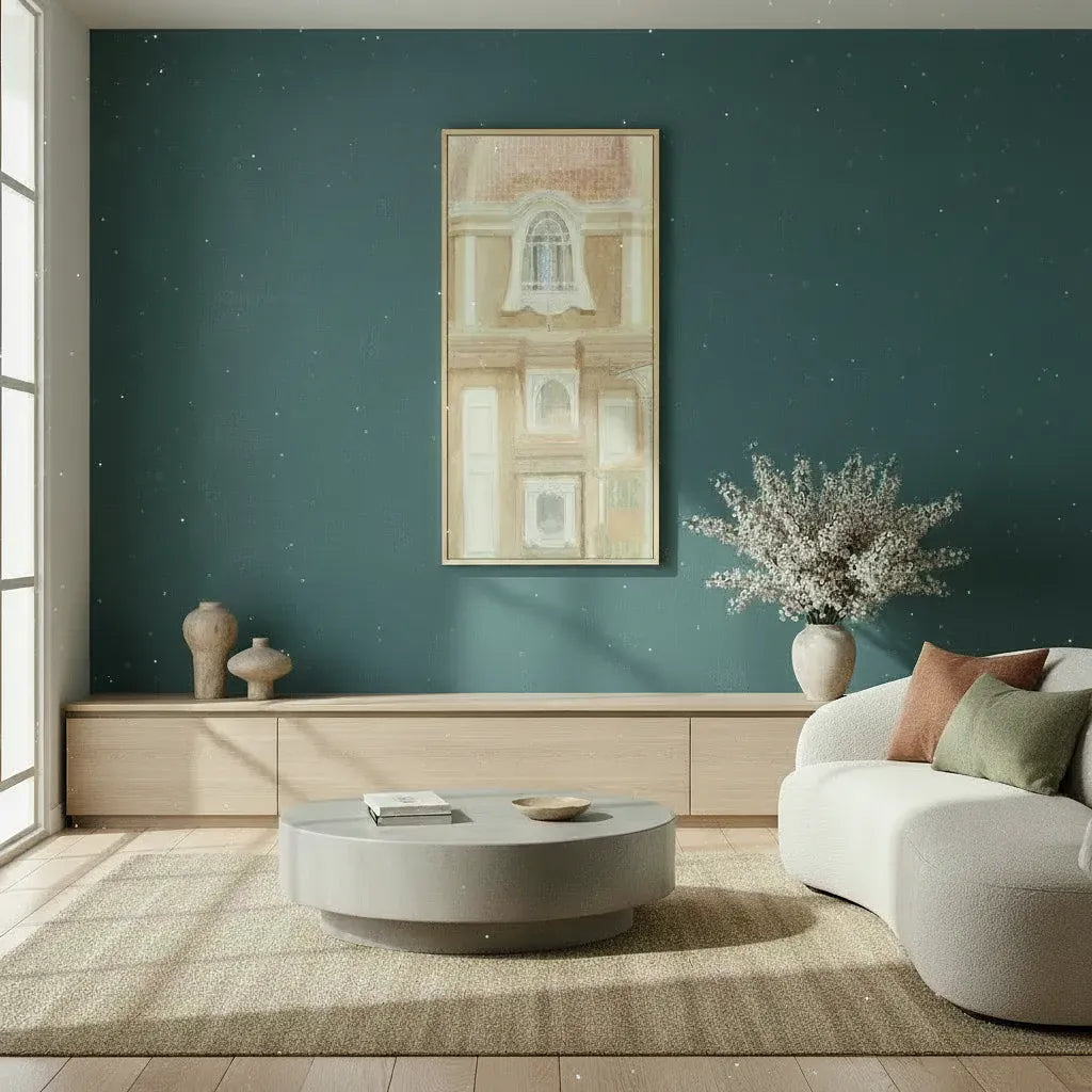 Modern living room with teal walls, a white sofa, and wall art of italian architecture