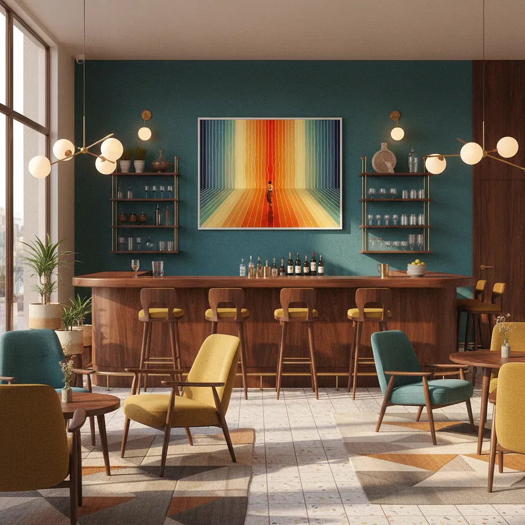 Modern bar interior with colorful abstract painting on the wall