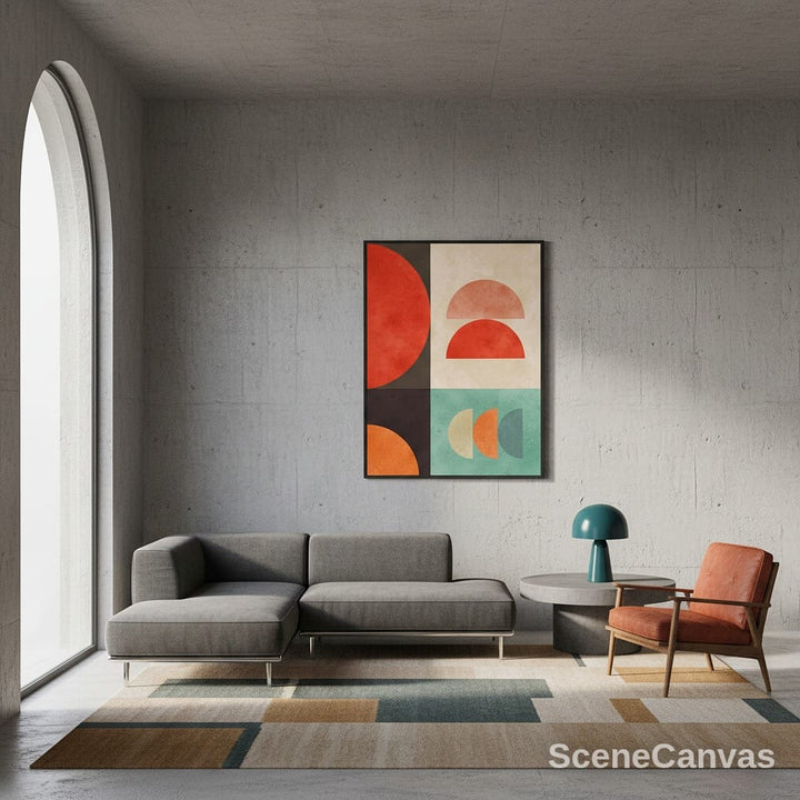 Modern living room with a gray sectional sofa, orange armchair, and abstract art on the wall.