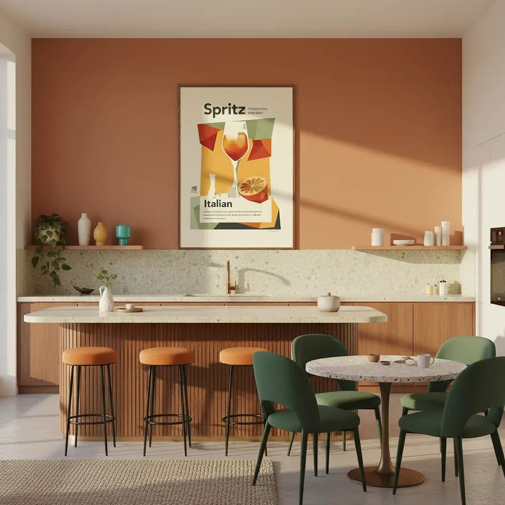 Modern kitchen with marble island, bar stools, dining table and retro Spritz poster on wall 