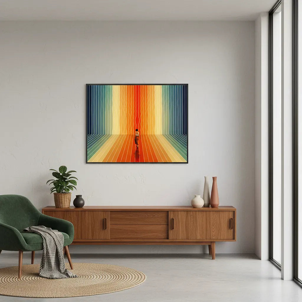 Modern living room with a colorful abstract painting on the wall, wooden cabinet, and green armchair.