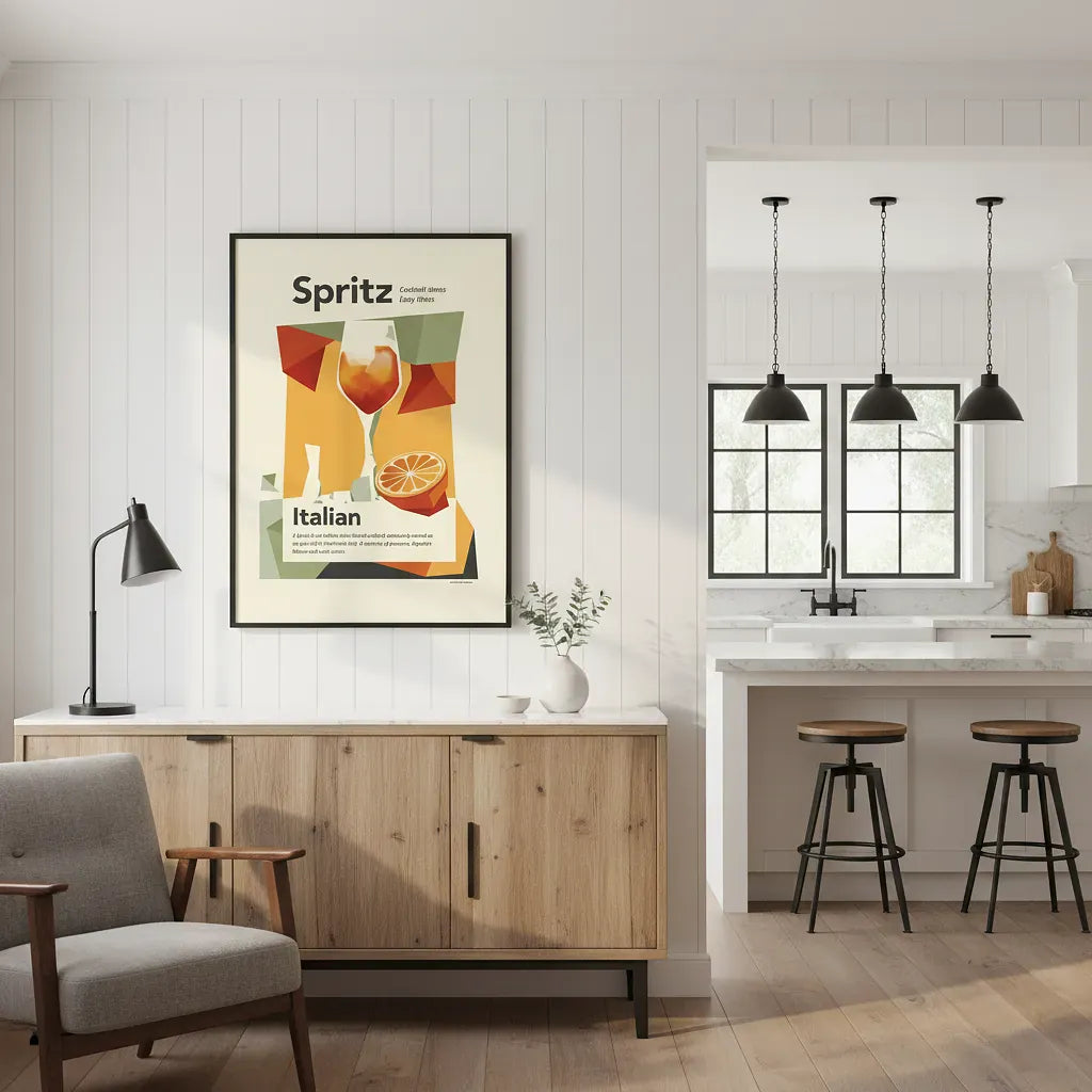 Modern kitchen with wooden cabinet, gray chair, and framed Spritz poster.