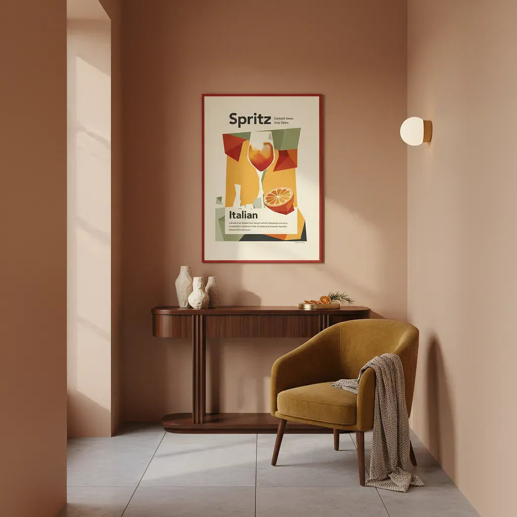 Modern interior with a mustard chair, wooden side table, and colorful &