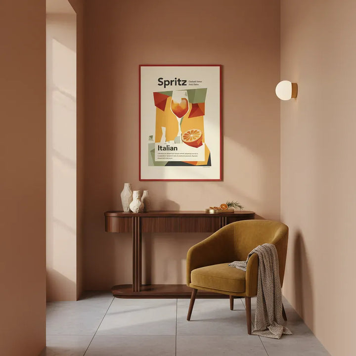 Modern interior with a mustard chair, wooden side table, and colorful &