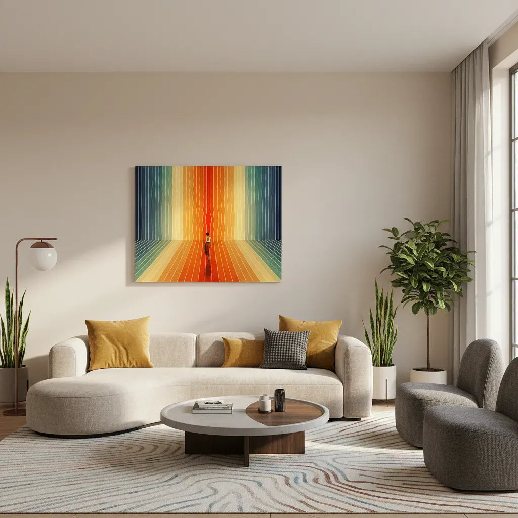 Modern living room with a colorful abstract painting on the wall.