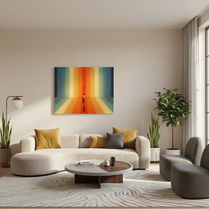 Modern living room with a colorful abstract painting on the wall.
