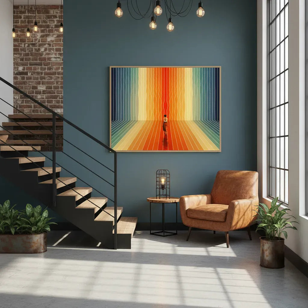 Modern interior with a colorful abstract painting on a blue wall, brown armchair, and plants.