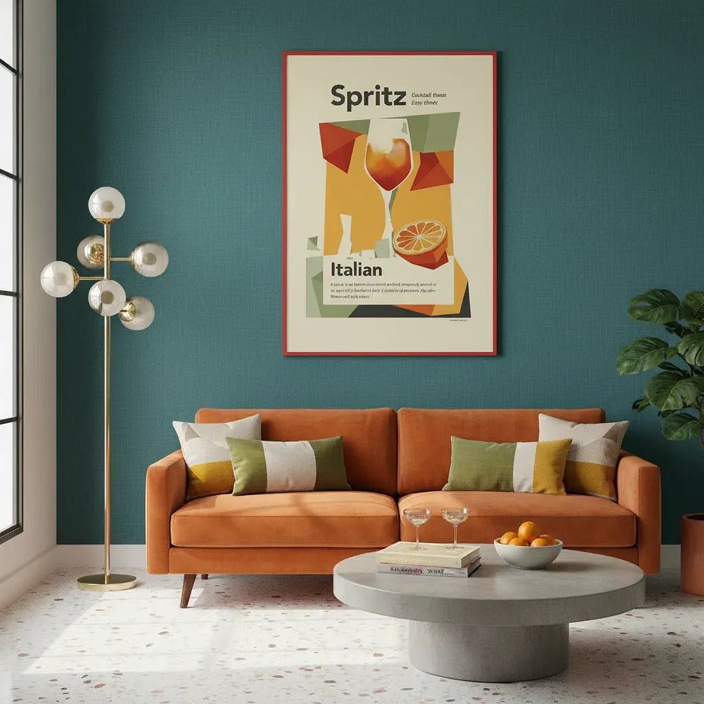 Living room with orange sofa, coffee table, and framed artwork on teal wall.