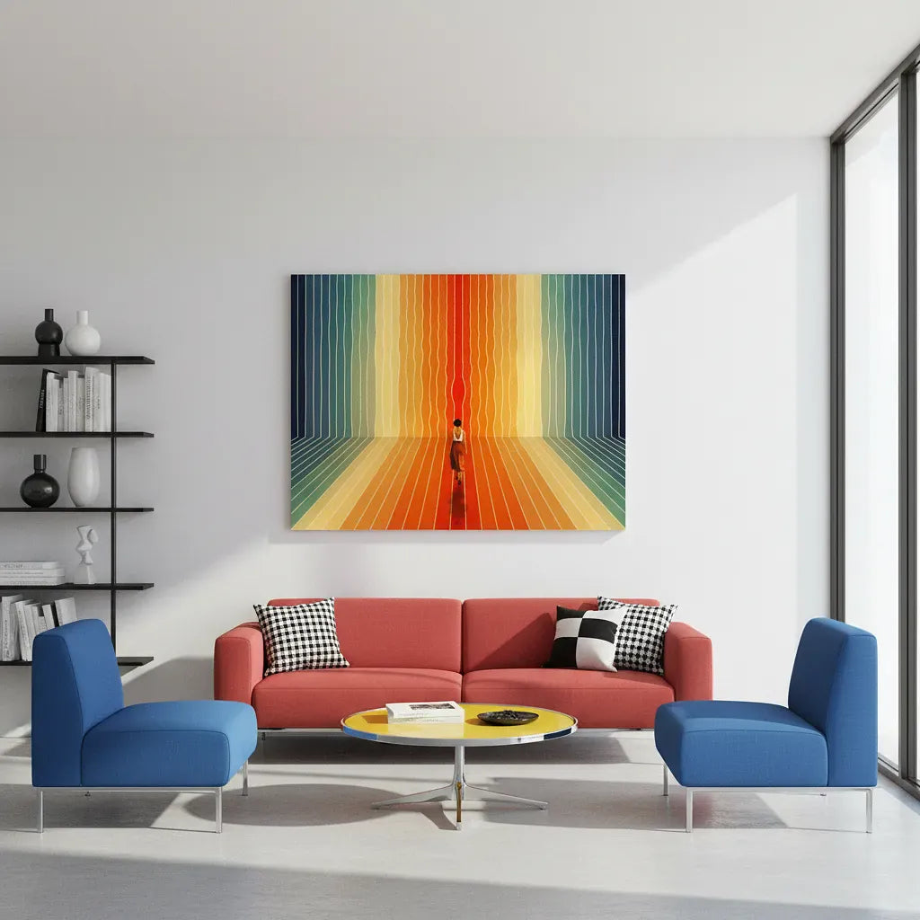 Modern living room with a red sofa, blue chairs, and a colorful abstract painting on the wall.