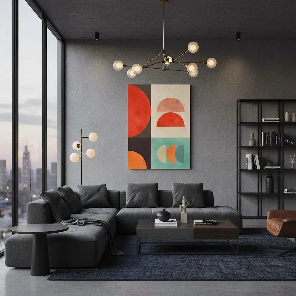 Modern living room with gray sectional sofa, abstract art , and cityscape view.