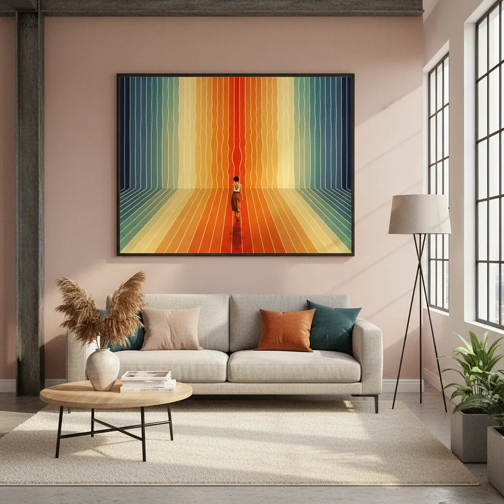 Living room with a colorful abstract painting on the wall, a gray sofa with decorative pillows, and a wooden coffee table.