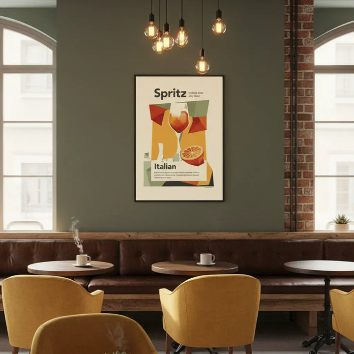 Cozy cafe interior with brown leather bench, yellow chairs, and a framed poster on the wall.