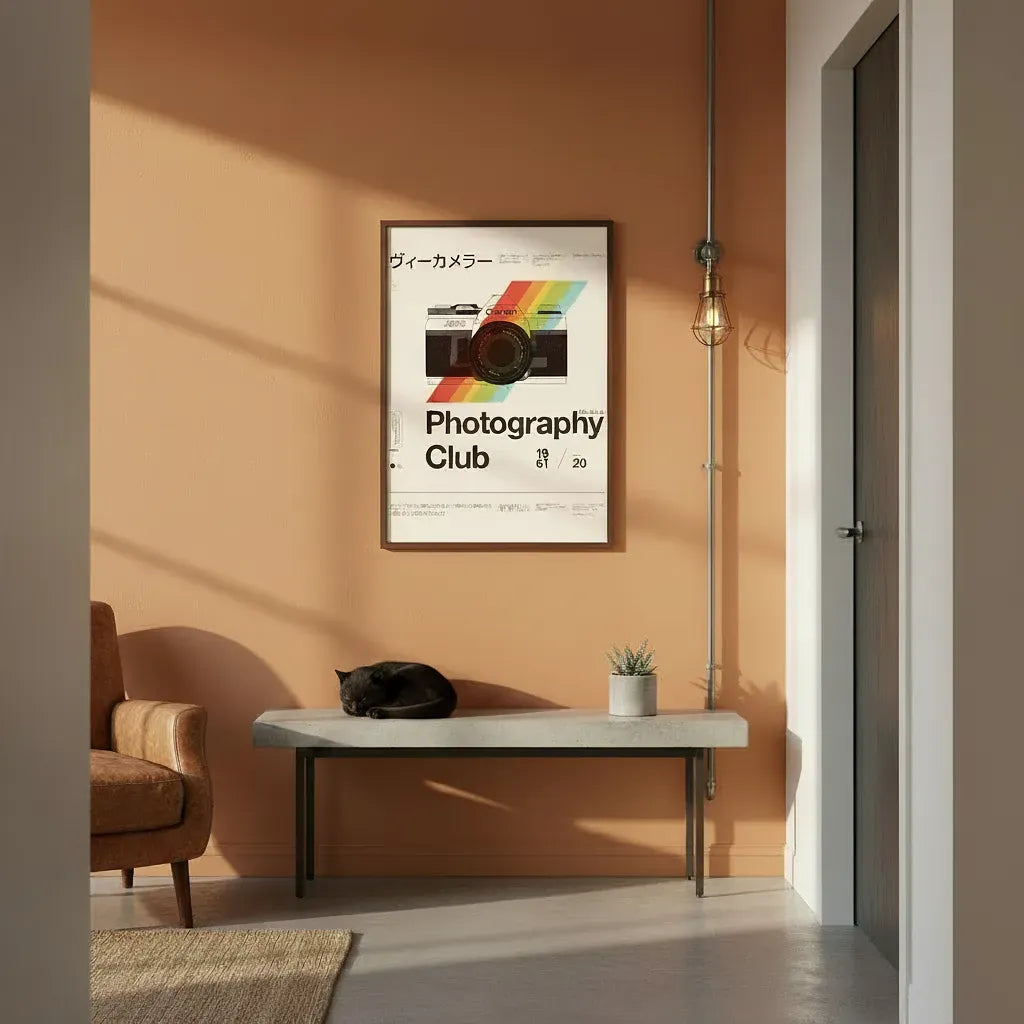 Modern interior with a framed camera poster on an orange wall, a chair, and a table.