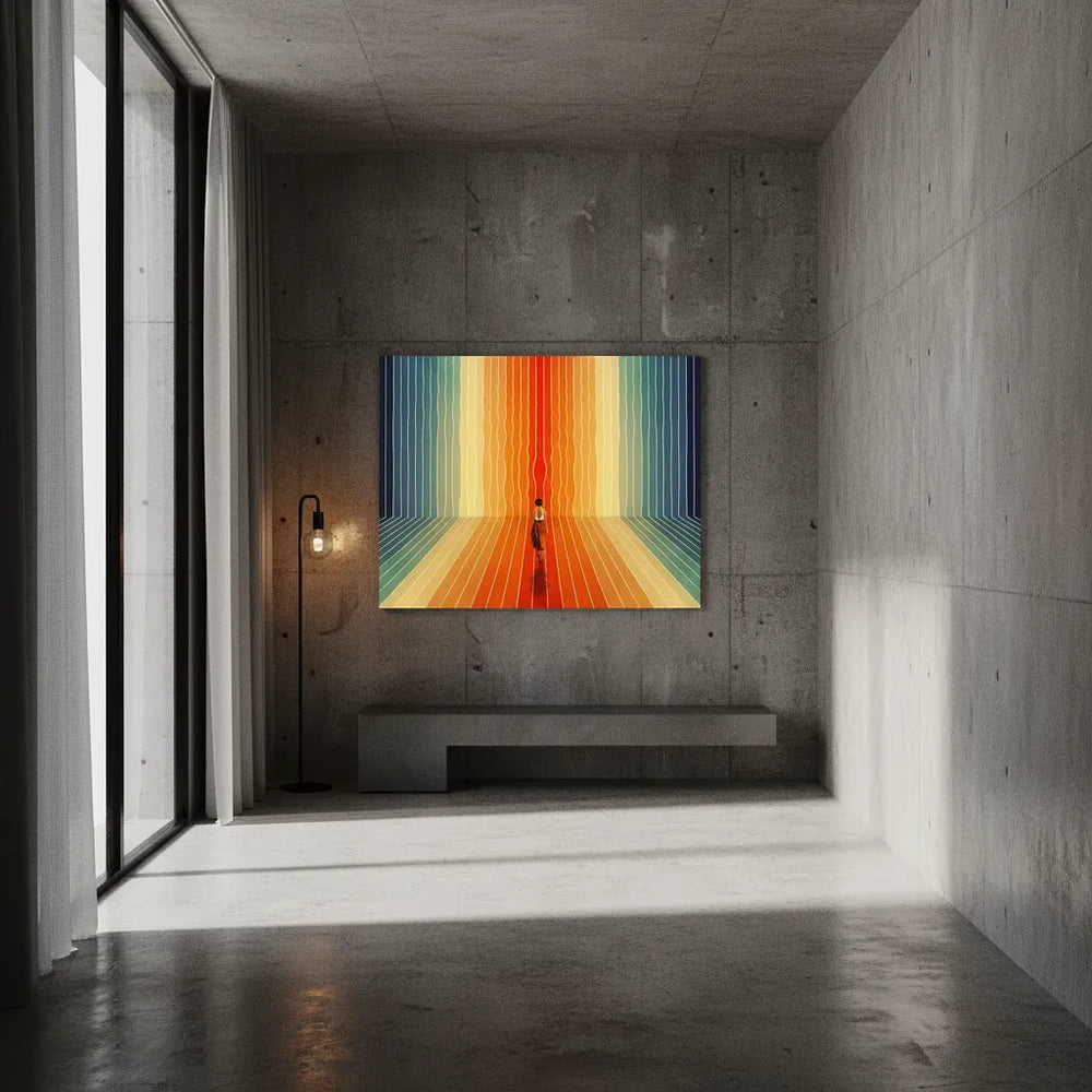 Colorful abstract painting on a concrete wall in a modern interior setting.