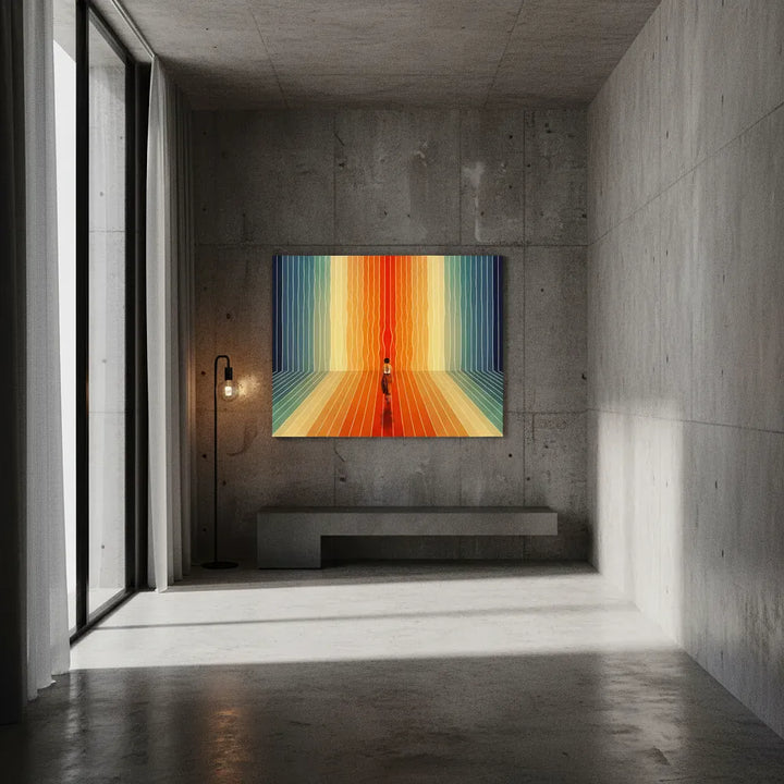 Colorful abstract painting on a concrete wall in a modern interior setting.
