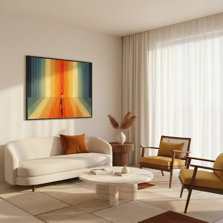 Modern living room with a colorful abstract painting, white sofa, and wooden chairs.