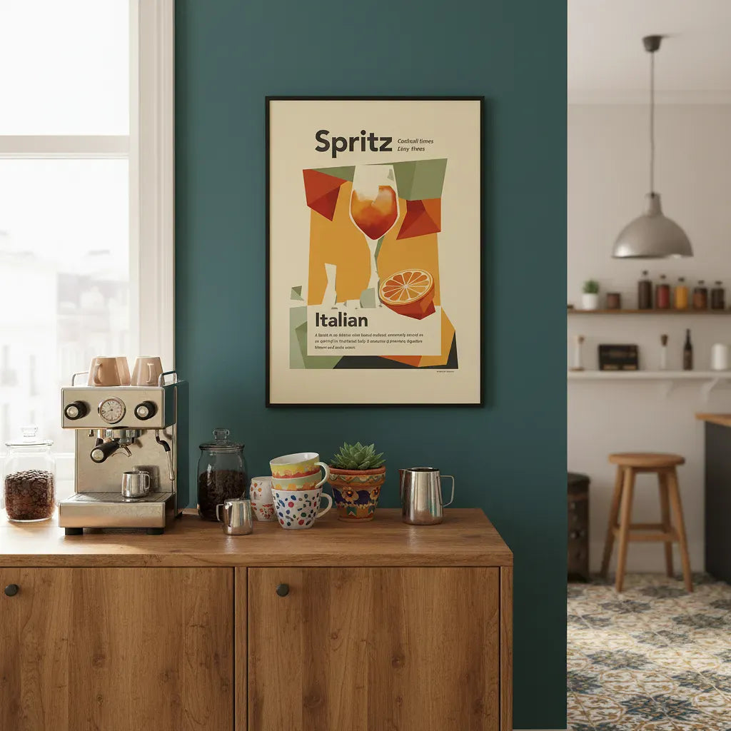 Kitchen interior with a wooden cabinet, coffee machine, and &