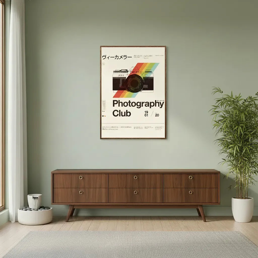 Poster of a vintage camera design on a wall above a wooden cabinet in a room with a plant.
