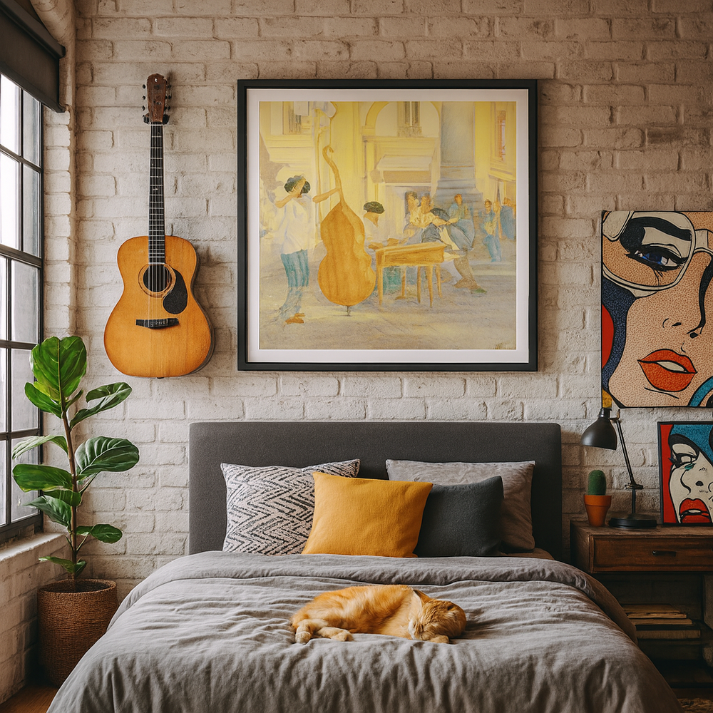 Room interior with a bed, guitar, a cute cat and musical wall art on a brick wall.