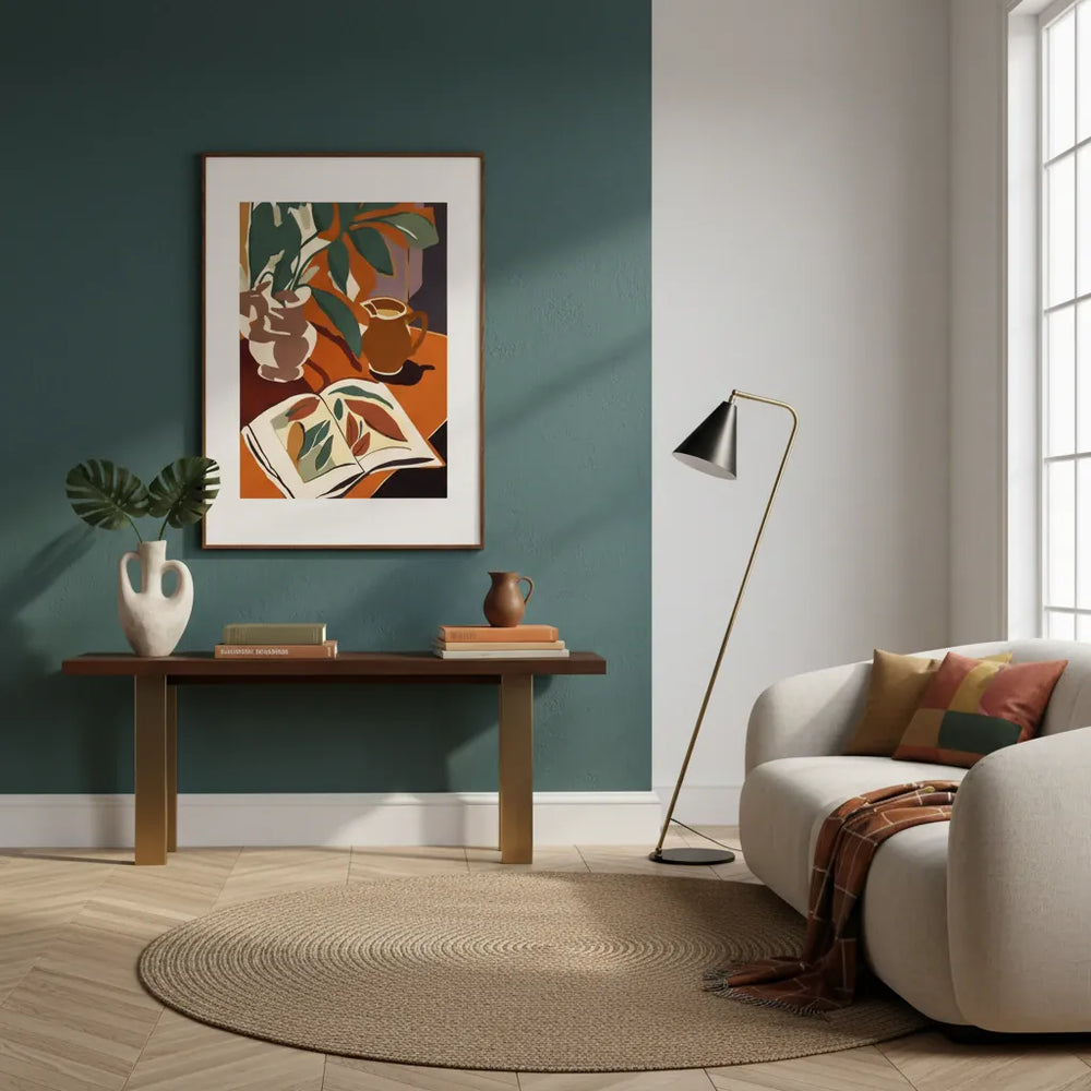 Modern living room with a sofa, coffee table, and wall art - Bromont Media