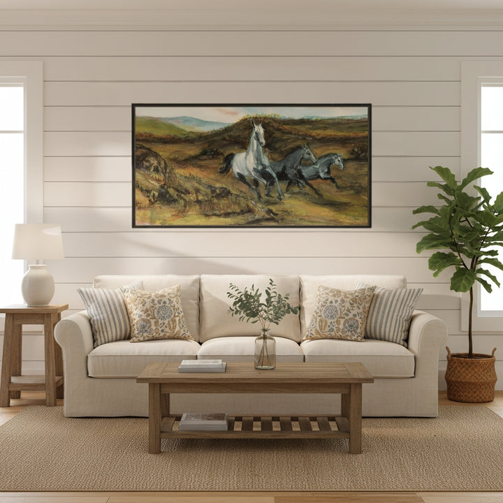 Three Horses Galloping Through Lush Fields Watercolor - Canvas Print